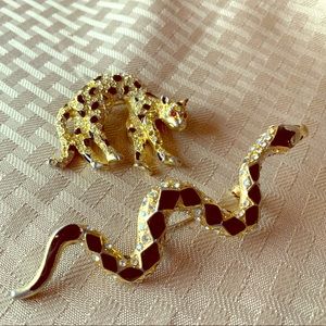 Vintage Snake and Jungle Cat Brooches